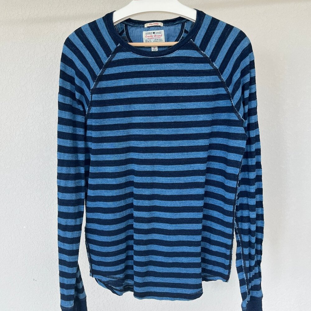 Lucky Brand True Indigo Blue Striped Cotton Long Sleeve Raglan Medium - Picture 2 of 6